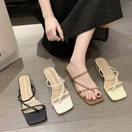 法式海边沙滩拖鞋女夏外穿2024新款仙女风凉鞋细带夹趾凉拖鞋粗跟商品大图