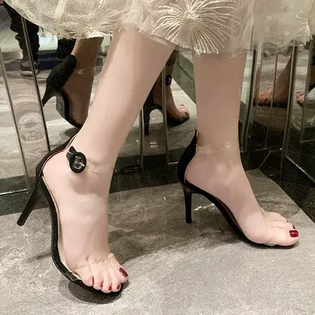 网红高跟鞋女夏2023新款韩版百搭一字带粗跟透明水晶凉鞋女仙女风商品大图