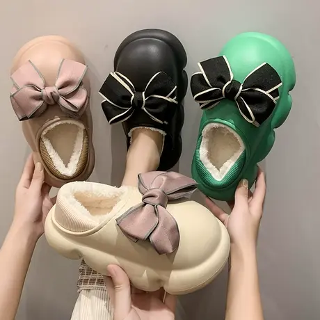 蝴蝶结棉拖鞋女包跟冬季防滑室内家居厚底防水保暖家用棉鞋可外穿商品大图