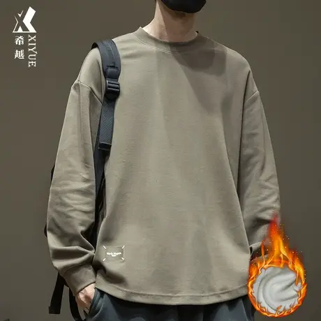 重磅300g加绒加厚长袖T恤男冬季保暖宽松大码男士圆下摆打底衫潮图片