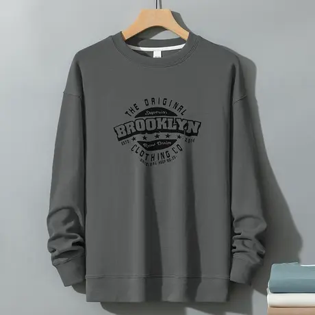 350g重磅卫衣男秋冬款圆领灰色上衣服长袖t恤宽松潮流印花无帽衫商品大图