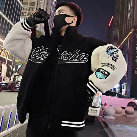 摇粒绒棉衣男冬季2023新款美式宽松刺绣贴标设计感学生羊羔毛外套商品大图