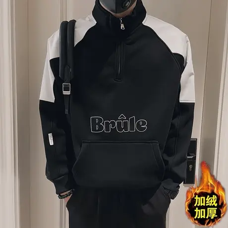 美式撞色插肩袖字母加绒卫衣男秋冬2023新款个性加厚半拉链上衣商品大图