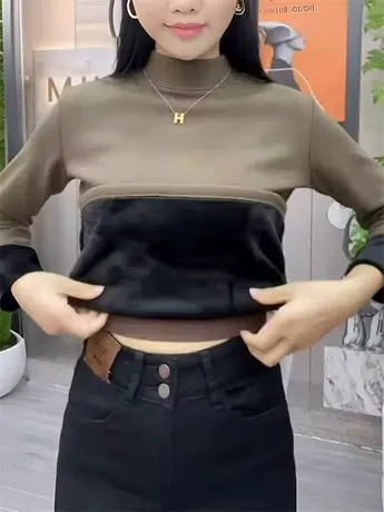 秋冬新款加绒加厚半高领打底衫女冬季内搭保暖时尚洋气中领上衣服商品大图