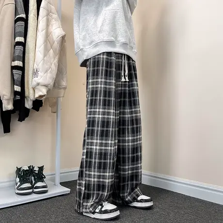 裤子男春秋季新款美式复古格子直筒港风宽松国潮阔腿休闲拖地长裤商品大图