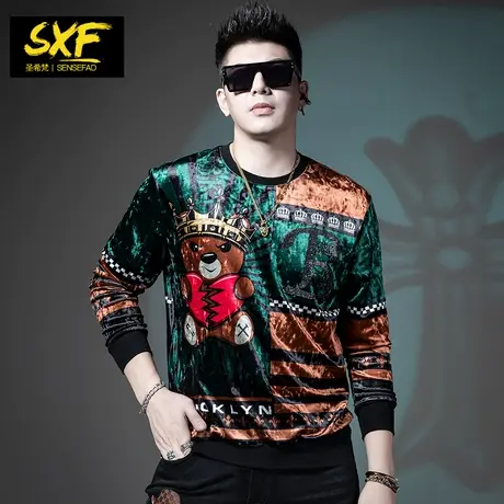 SXF圣希梵长袖T恤男 丝绒提花上衣2023新款欧美潮牌烫钻男士体恤商品大图