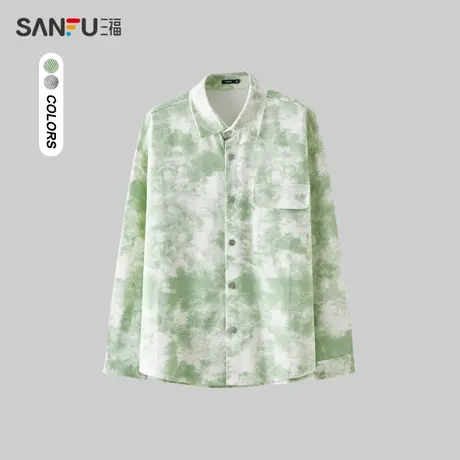三福2024春季男士时尚扎染长衬衫 休闲翻领宽松纯棉上衣482344图片
