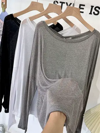 罩衫薄款一字领大圆领透视针织防晒衫T恤女夏显瘦时尚空调衫上衣商品大图