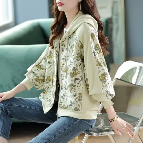 宝诗黎连帽提花拼接短外套女士拉链开衫2024早春新款长袖休闲卫衣图片
