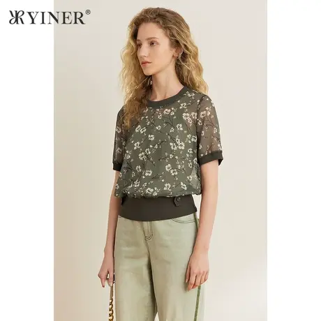 YINER音儿女装夏季圆领印花收腰短袖T恤商品大图