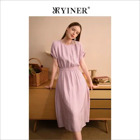 YINER音儿女装夏季女装法式圆领玫瑰粉收腰连衣裙商品大图
