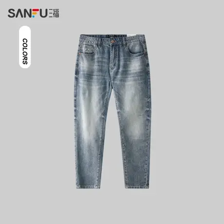 三福2024夏季男士时尚通勤灰蓝牛仔裤 休闲合身小脚长裤483247商品大图