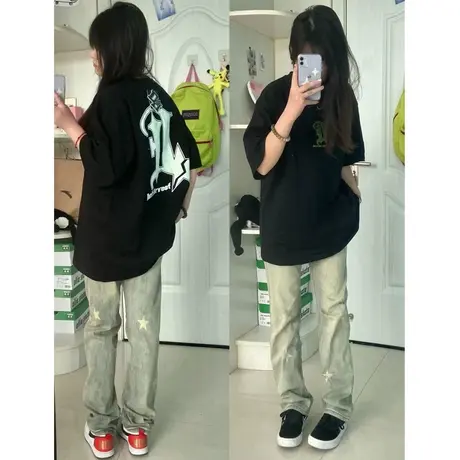 美式复古纯棉重磅短袖t恤女ins小众设计感夏季半袖高街hiphop上衣商品大图