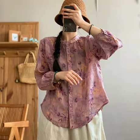 dza复古120支细支苎麻衬衫女士春季新款印花棉麻衬衣休闲宽松上衣图片