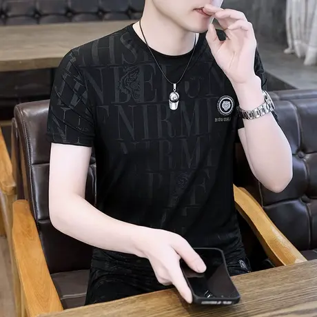 男士冰丝短袖T恤潮流休闲百搭透气提花打底半袖体恤潮牌男装上衣图片