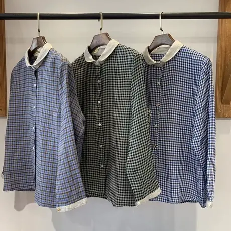 享永子【山间茶熟】复古亚麻格子衬衫文艺森系长袖棉麻衬衣女上衣商品大图