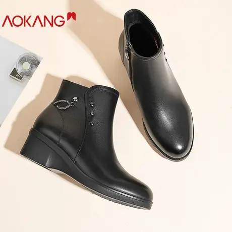 奥康女鞋2022冬季加绒坡跟保暖真皮中老年妈妈皮棉鞋休闲牛皮短靴商品大图