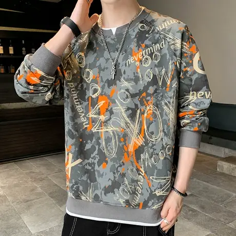 假两件卫衣男春秋季潮牌宽松圆领套头上衣服打底衫印花长袖t恤男商品大图