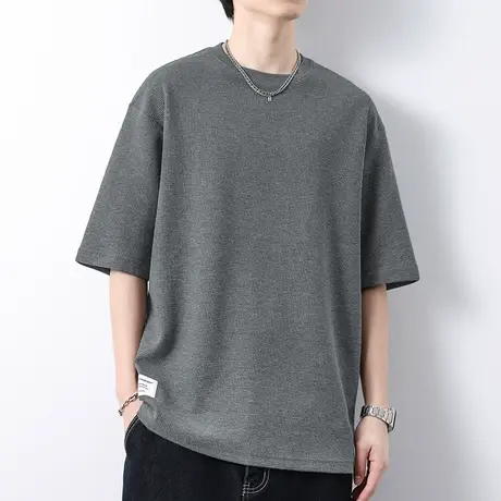 华夫格重磅t恤男短袖潮牌夏季纯色圆领五分袖上衣服潮流宽松半袖商品大图