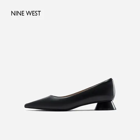 Nine West/玖熙尖头浅口单鞋女2023秋新款圆鼓跟低跟真皮通勤女鞋商品大图