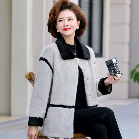 妈妈秋冬装外套女大码水貂绒洋气套装中老年女装秋冬毛呢短款上衣商品大图