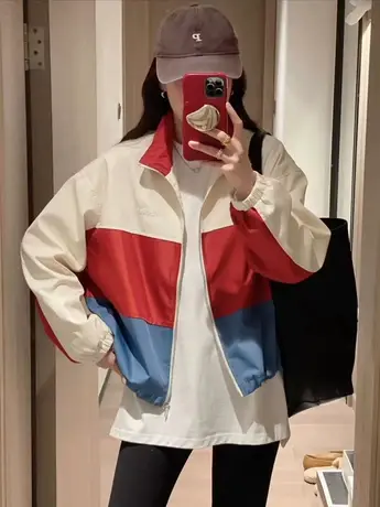 拼接撞色立领夹克外套女短款2023春季新款小个子休闲百搭开衫上衣图片