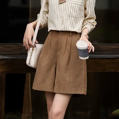 时尚气质温柔2023年新款女装直筒裤百搭淑女纯色高腰短裤商品大图