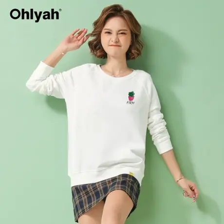 Ohlyah品牌 白色卫衣女纯棉休闲运动百搭打底衫长袖圆领学生上衣商品大图