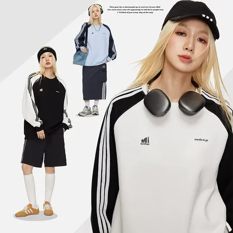 美式拼接插肩袖卫衣女春秋2023新款复古宽松oversize外套潮牌上衣商品大图