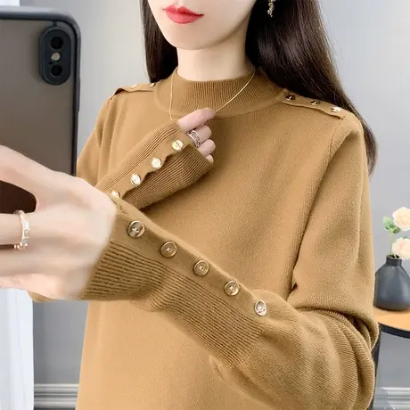 半高领毛衣女灯笼袖打底衫2023秋冬新款套头洋气针织衫内搭上衣潮商品大图