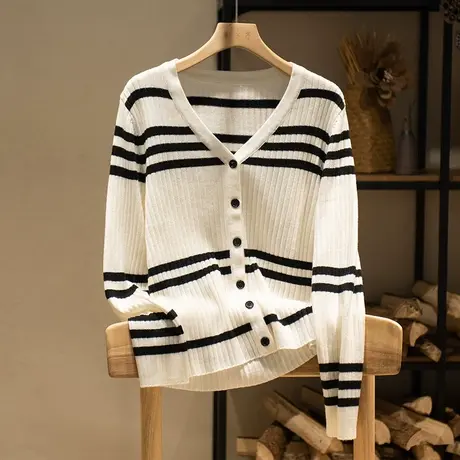 享永子条纹羊毛针织开衫女春秋文艺复古宽松显瘦上衣休闲2023新款商品大图