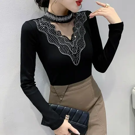 性感镂空气质T恤女长袖网纱拼接烫钻上衣半高领加绒打底衫秋冬潮图片