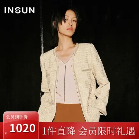 [小香风系列]恩裳COVER2023秋季新款亮丝点缀箱型女外套经典格纹商品大图