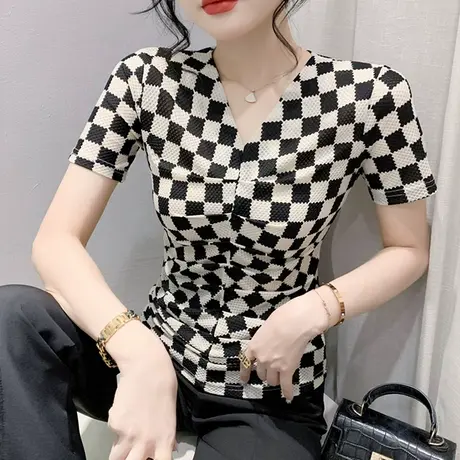 设计感格子印花T恤女短袖夏季性感V领网纱上衣收腰显瘦气质小衫潮商品大图