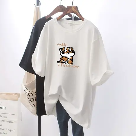 纯棉短袖t恤女2023夏装新款设计感小众小老虎印花宽松长款上衣潮商品大图