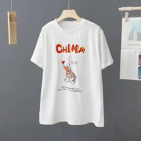 美式小兔印花t恤女2023春夏新款圆领百搭白短袖宽松打底上衣体恤图片