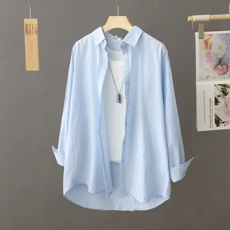 休闲蓝色女士衬衫外套上衣春秋2023年新款设计感小众外搭衬衣开衫商品大图