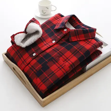 简约加绒加厚保暖格子衬衫女冬长袖磨毛韩版百搭宽松打底上衣外套商品大图