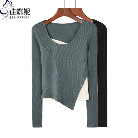 秋冬新款韩版圆领纯色拼接下摆不规则长袖体恤上衣内搭女短款打底商品大图