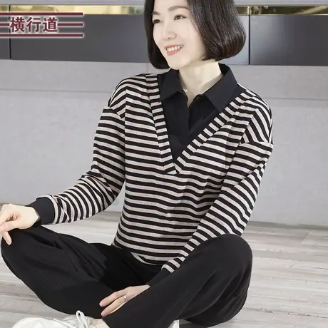 2023冬季新款休闲简约T恤翻领假两件条纹宽松长袖打底衫大码女装商品大图