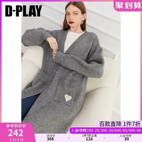 DPLAY秋装新慵懒风落肩V领泡泡袖飞机扣深花灰长款针织外套商品大图