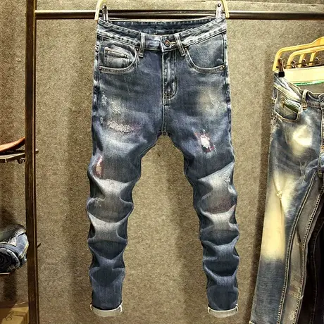 春季潮牌破洞补丁男士牛仔裤修身小脚裤子蓝色韩版个性高街直筒裤商品大图
