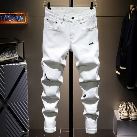 春夏款白色牛仔裤男直筒修身百搭男士休闲长裤子男宽松韩版小脚裤商品大图
