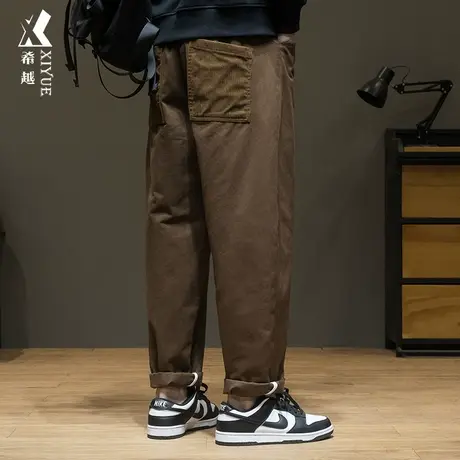 希越美拉德纯棉休闲裤男秋季宽松大码水洗拼接口袋直筒哈伦锥形裤商品大图