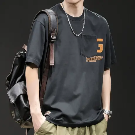 重磅短袖t恤男黑色宽松潮牌胖子大码男装2023新款男士贴袋体恤棉商品大图