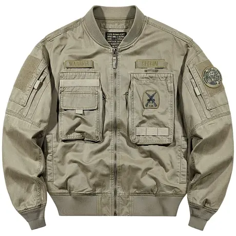 VIP复古水洗飞行员夹克男美式纯棉棒球服刺绣徽章多口袋工装外套商品大图