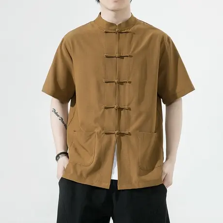 新中式男装冰丝衬衫男短袖薄款立领中国风唐装男款复古盘扣半袖潮商品大图