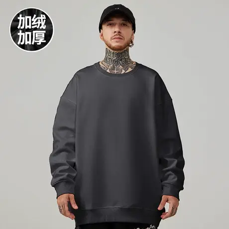 大码卫衣圆领男士潮加肥加大纯色打底帽衫宽松加绒加厚无帽秋冬款商品大图