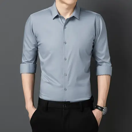 春秋季新款无痕弹力灰色衬衫男长袖修身韩版潮流商务休闲男士衬衣商品大图