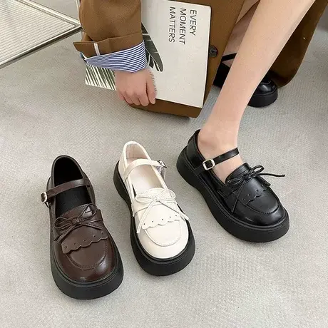 厚底乐福鞋女四季单鞋英伦风百搭2023新款小皮鞋黑色高跟jk一脚蹬商品大图